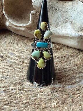 Sterling Silver Multi-Stone Kingman Turquoise & Palomino Teardrop Statement Ring